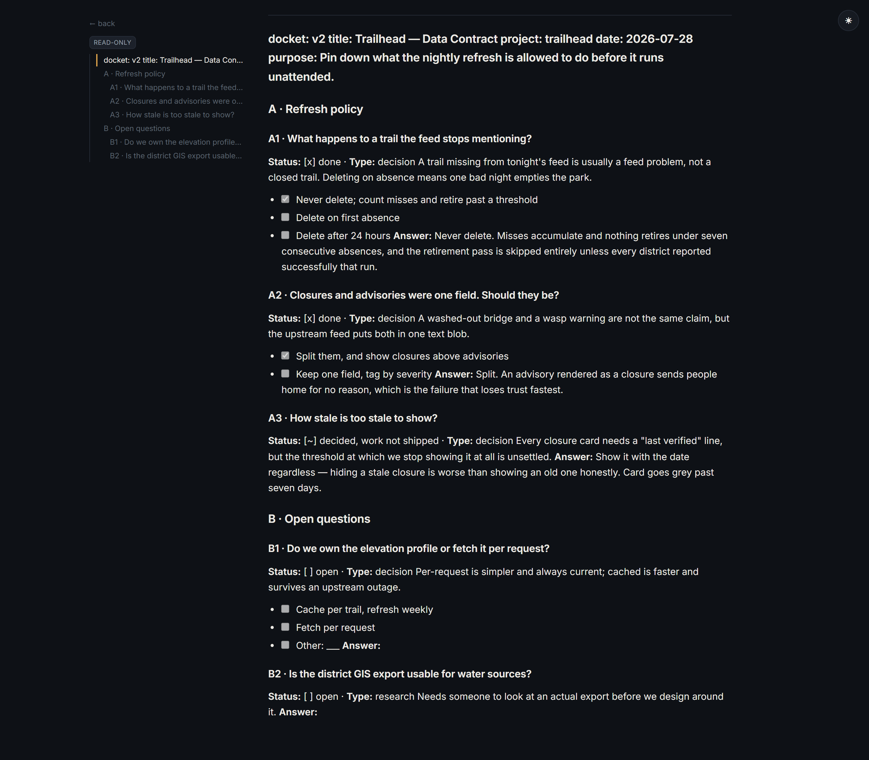 The read-only view of the same document, showing the file's own contents including its frontmatter, every question with its recorded answer, and a table of contents alongside