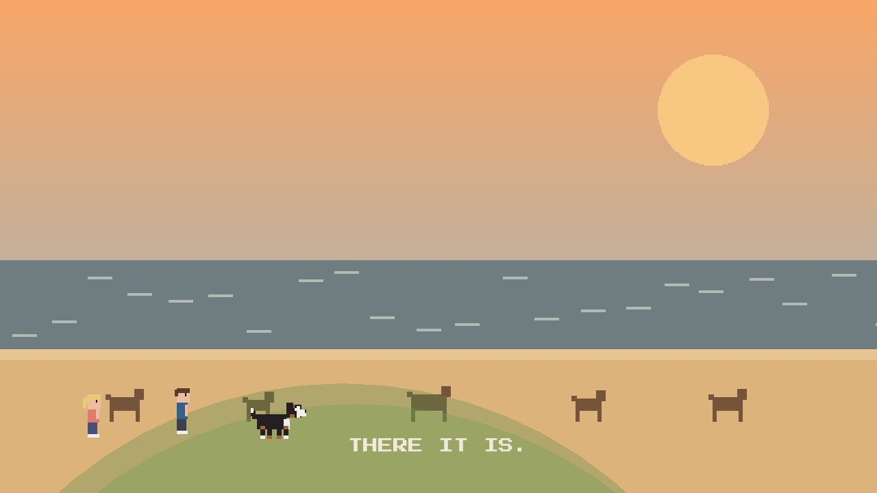 The arrival cinematic, captioned THERE IT IS, as the beach and lake come into view at sunset