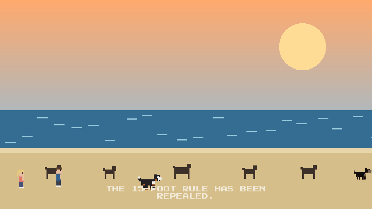 The cinematic captioned THE 15-FOOT RULE HAS BEEN REPEALED, with Rory running loose across the sand