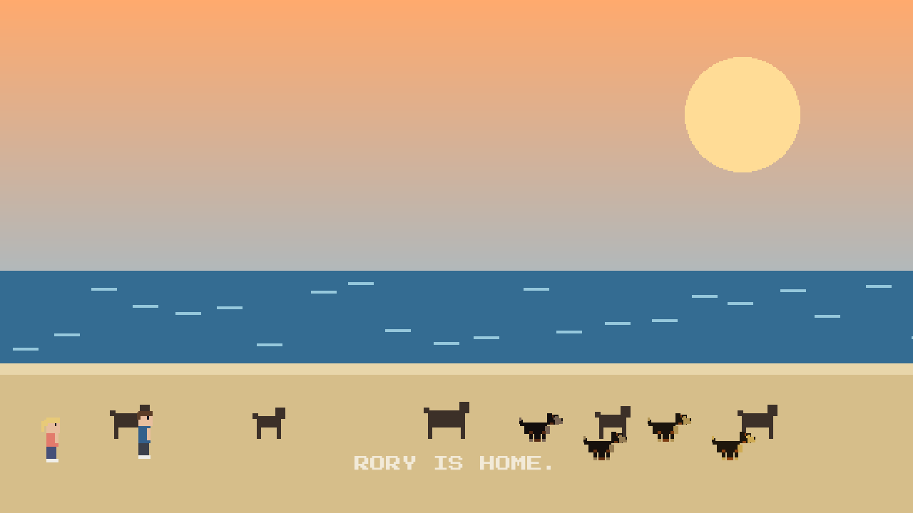 The cinematic captioned RORY IS HOME, with Rory absorbed into a crowd of other dogs