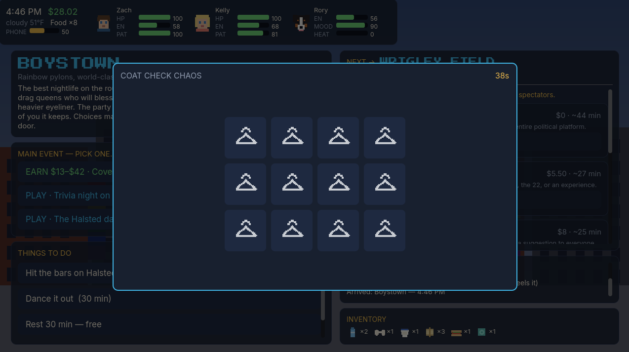 The coat check minigame, a memory-matching engine
