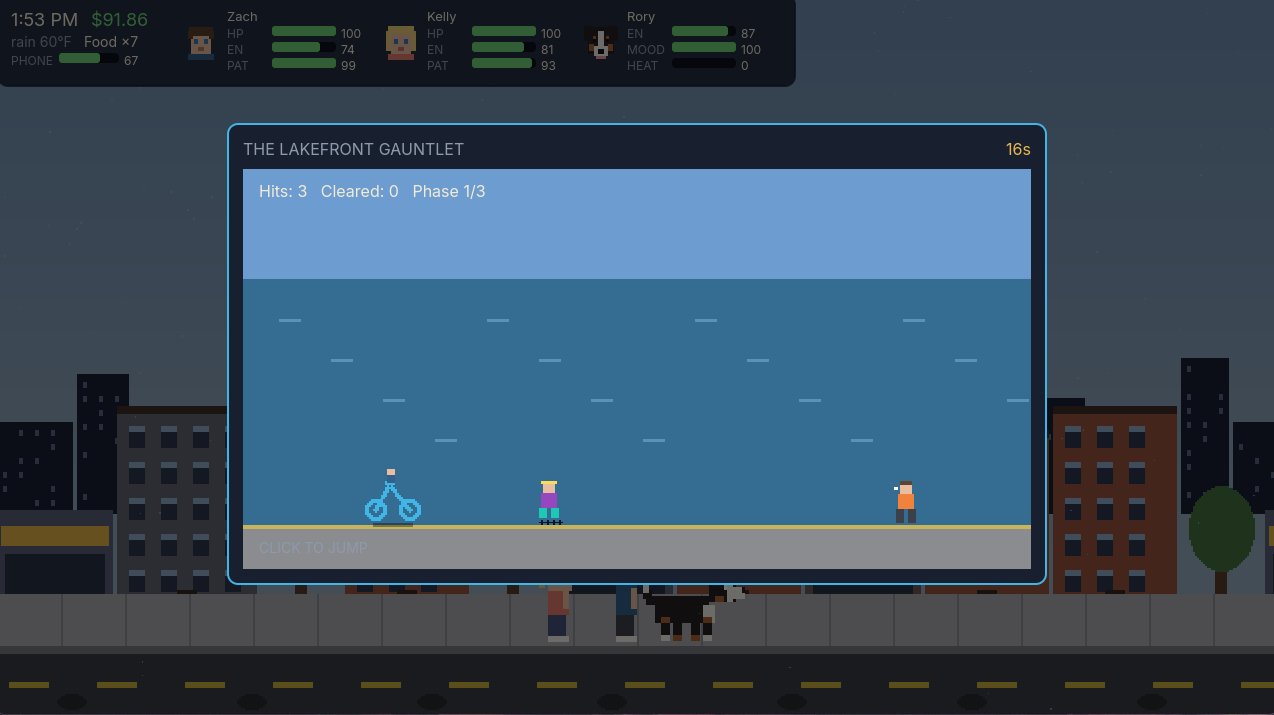 The Lakefront Gauntlet minigame, a side-scrolling runner played on a Divvy bike