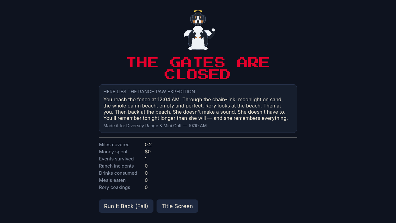The loss screen, headed THE GATES ARE CLOSED, with Rory drawn as an angel and a summary of the failed run