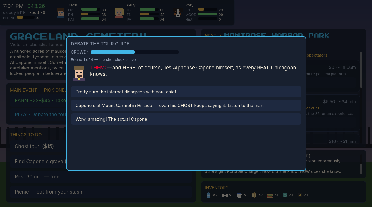 The bar trivia minigame, the only surviving use of the quiz engine