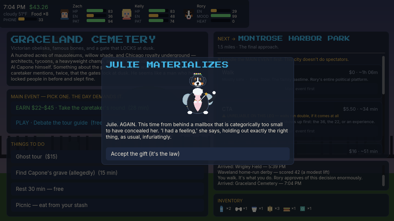 The Julie event card, drawn as a fairy, appearing to help