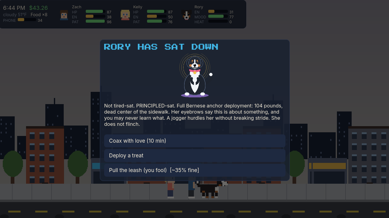 An event card in which Rory simply sits down and declines to continue