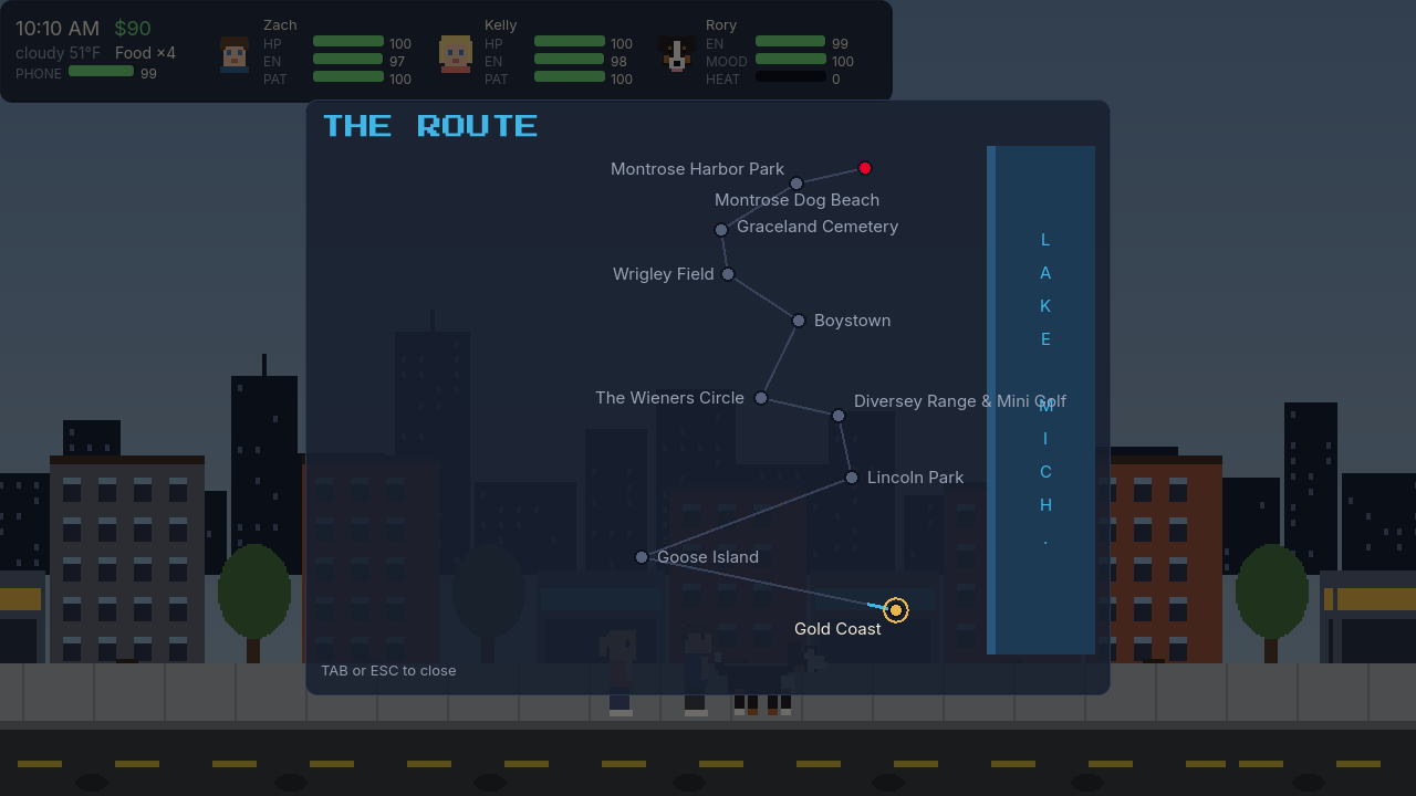 Route map of ten Chicago stops from Gold Coast north to Montrose Dog Beach, with the party's stats along the top