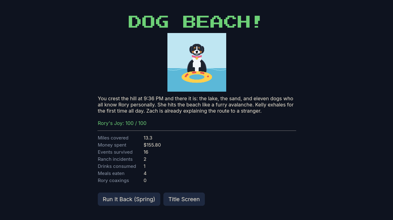 The win summary, headed DOG BEACH, showing arrival time, Rory's joy at 100 out of 100, and run statistics