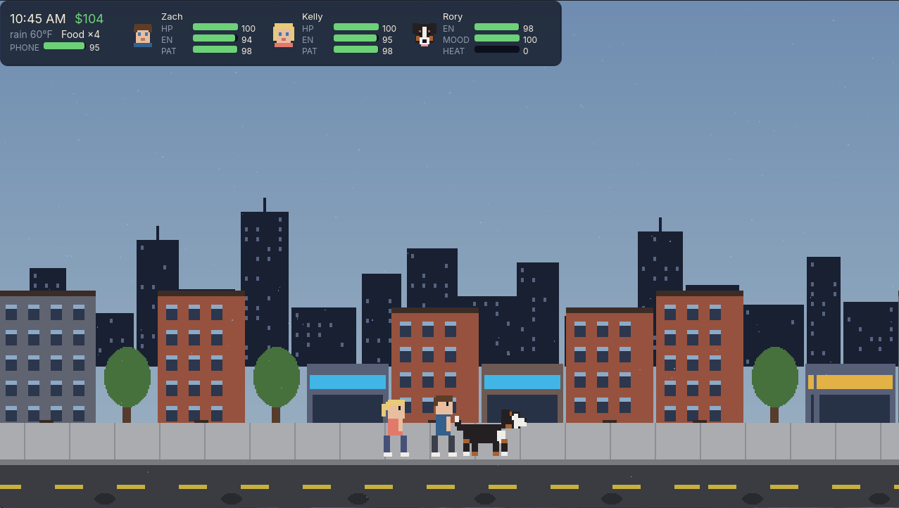 The travel screen while walking in daylight, showing distance covered and the party's energy draining